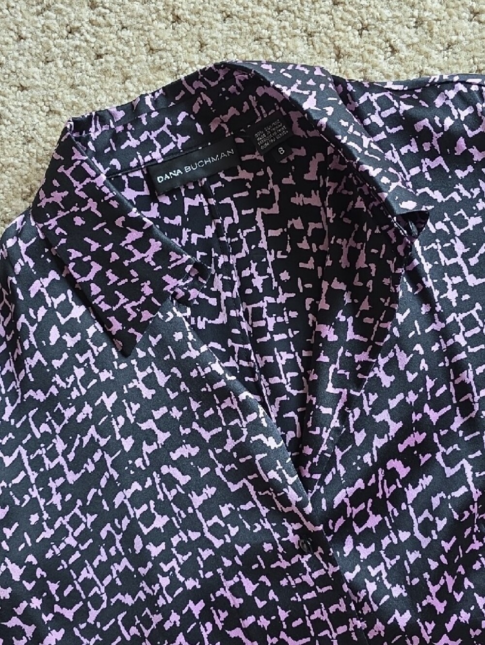 Dana Buchman Black and Lilac Patterned Button-Up Silk Blouse